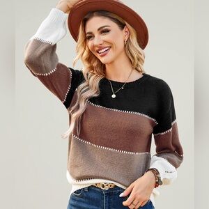 🆕🤎SEW IN LOVE: BROWN/BLACK COLOR BLOCK CREW NECK L/S TOP MEDIUM